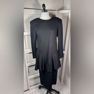 NWT Vtg Act 1 Black 100% Soft Wool Midi Sheath Peplum Dress med For Tall Women